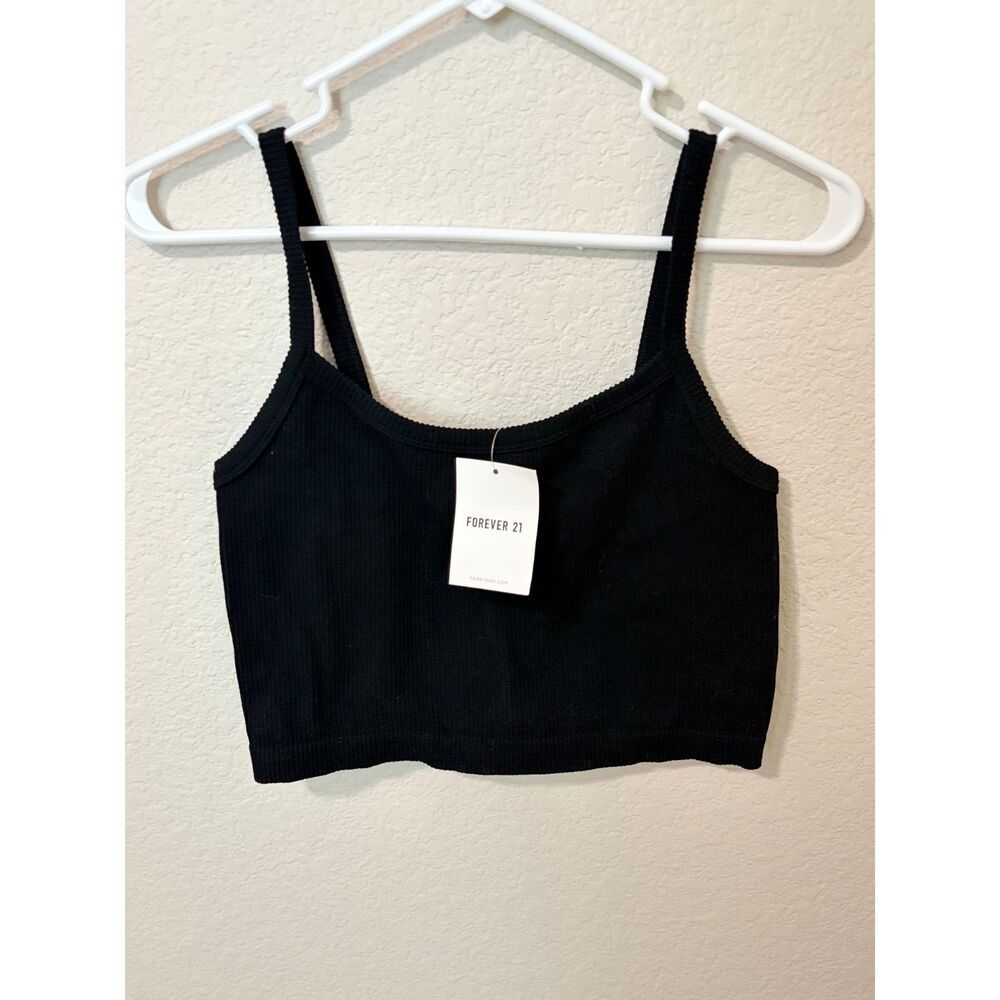 Forever 21 Black Ribbed Cropped Cami Tank Top Womens Size M NWT